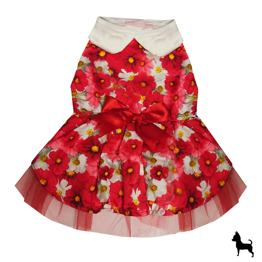 Vestido rojo con flores y cuello blanco